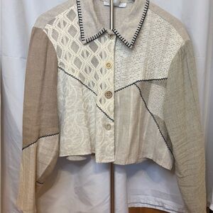 Women’s Sz M Patchwork Linen Blend Neutral Button Up Shirt Cardigan Vintage
